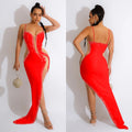 C6039   fashion women's solid color rhinestone hotfix long dress v-neck sleeveless spaghetti strap dress