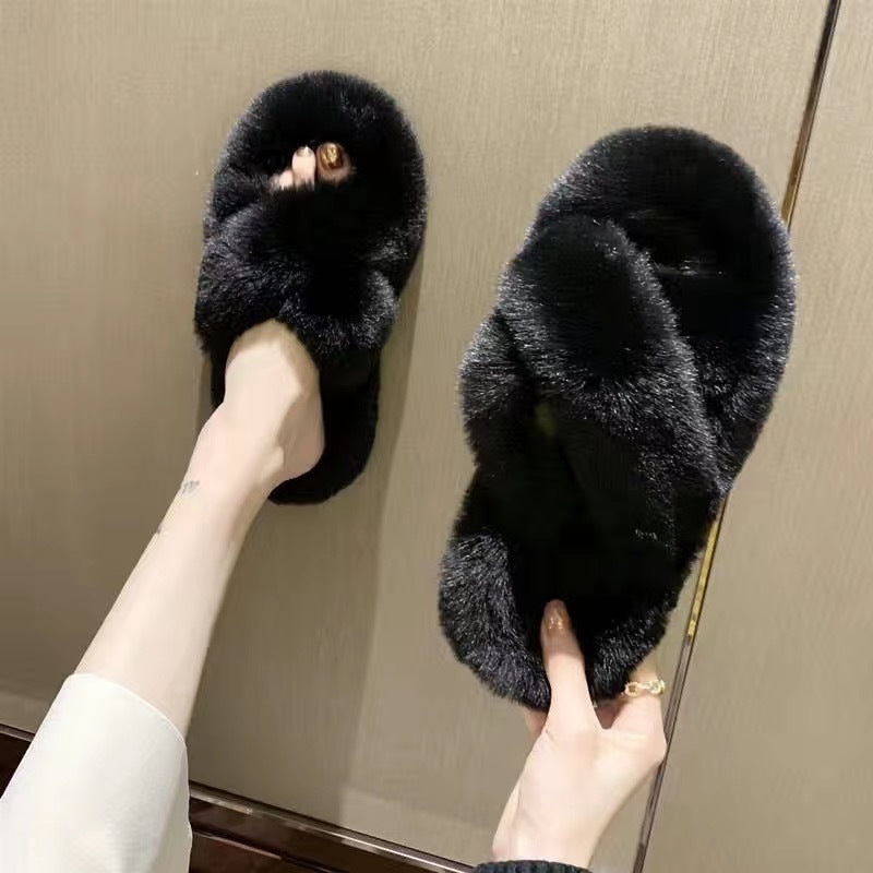 New arrival cross strap best selling fur slippers for women fall and winteroutwearplatform shoesthick soleheight increasing soft solefor homeoutwear cotton slippers