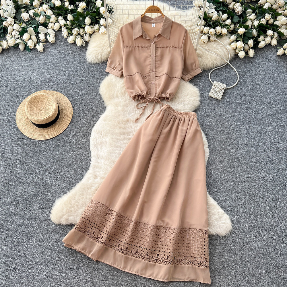 Dopamine red lace cutout blouse and skirt two-piece set - women's summer commute style slim fit outfit - new  collection