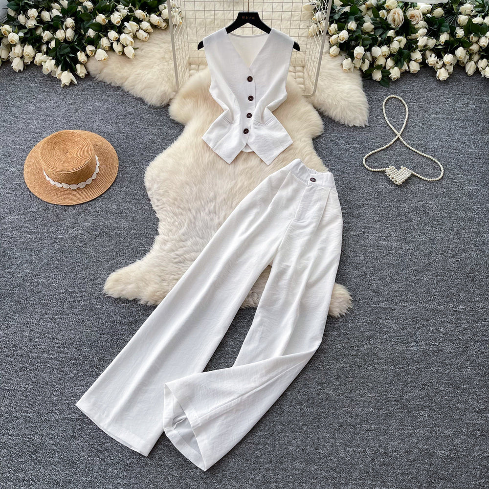Korean style commute outfit sleeveless v-neck vest two-piece set women's summer high-waisted slimming fashion suit
