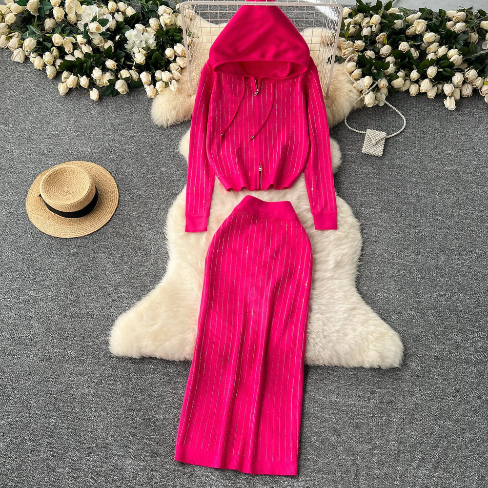Fall and wintercasualsuitfemale celebrityfashion hot diamond hooded zipper cardigansweateroutwearknitting hip skirt
