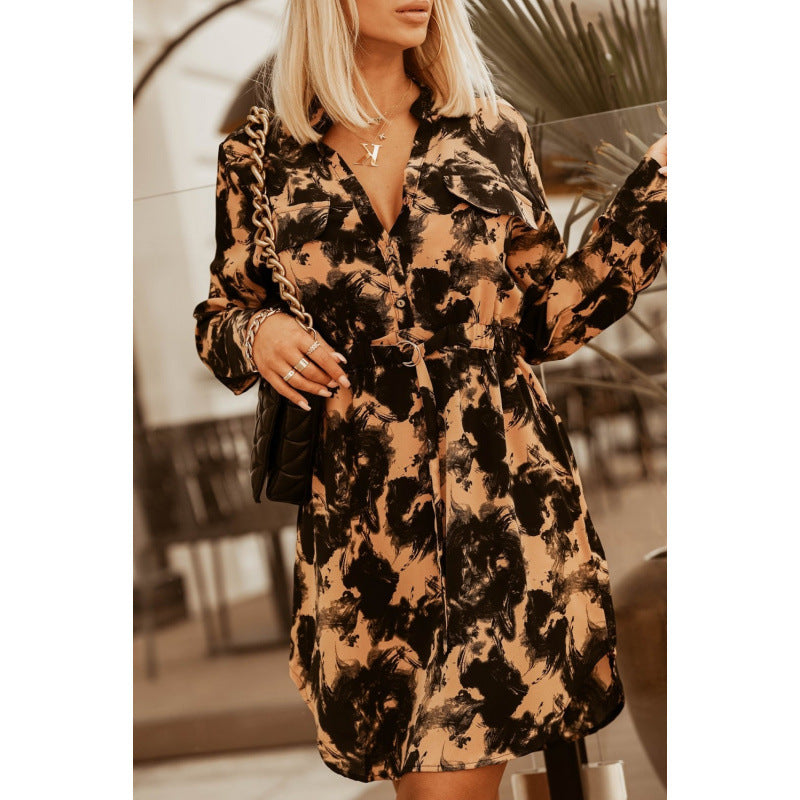 Aliexpress european and american style autumn/winter new arrival: cinched waist tie-up long sleeve printed shirt dress