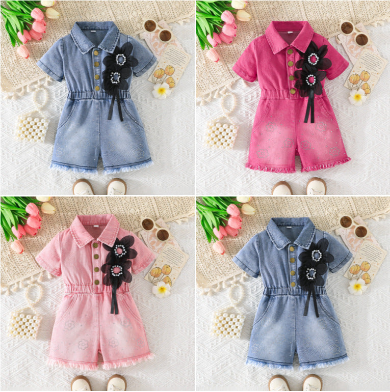 girls' denim jumpsuit - short sleeve, turn-down collar, cinched waist, pearl and floral embellishments, girls' cargo pants style