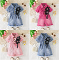 girls' denim jumpsuit - short sleeve, turn-down collar, cinched waist, pearl and floral embellishments, girls' cargo pants style
