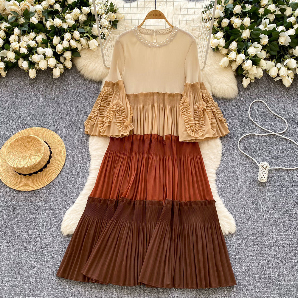 Miyake cross-border wholesale new arrival color matching round neck beading elegantplus size women's miyake pleated dress