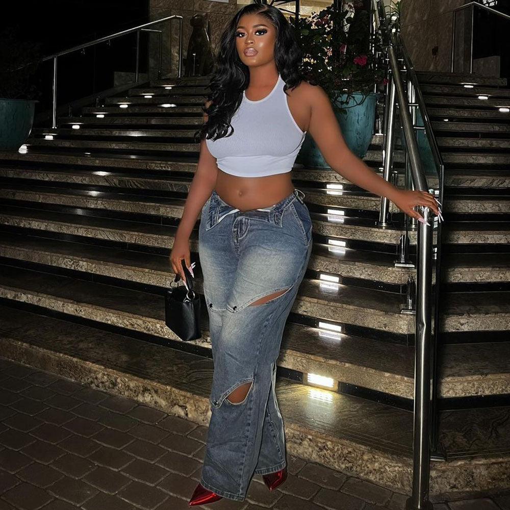 European and american casual women's jeans -  cross-border women's fashion street style washed button closure high-waisted pants