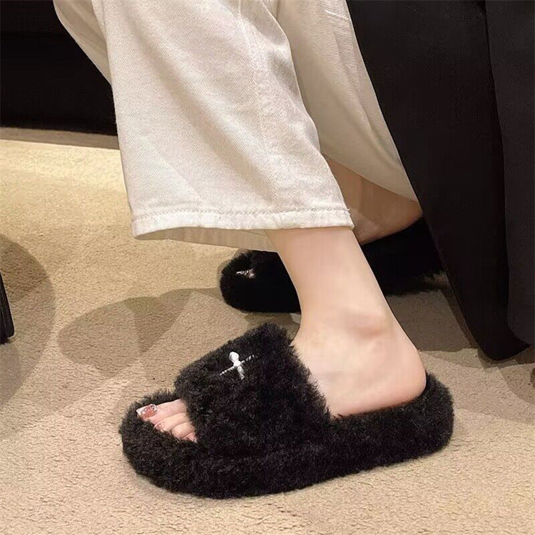 Thick sole fur slippers 2024fall and winternew arrivalfashioneasiest for match one-line slippers high-looking cashmerecasualpopular