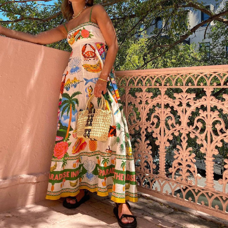new european and american cross-border women's fashion sexy camisole graffiti linen print maxi dress - style 661
