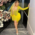 European and american cross-border women's fashion:  summer new arrivals - sexy v-neck lace long sleeve high-waisted asymmetrical mini dress
