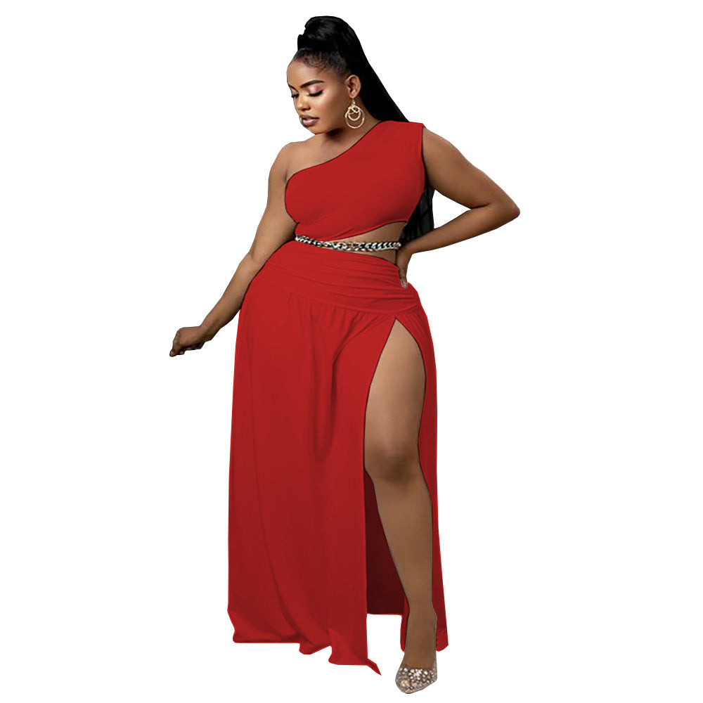 supply european and american clothing  pure color asymmetrical one-shoulder tops large slit floor-length skirt suit