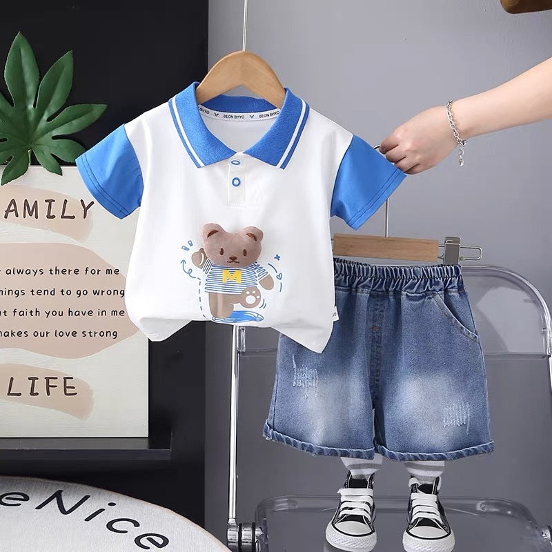 children's clothing, baby boy summer outfit,  new style, kids' letter-print polo shirt short-sleeve set with casual shorts