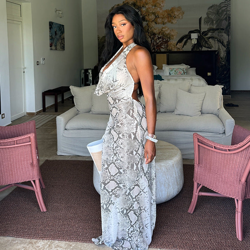 Fashion style cross-border gray and white printed women's halterneck hip skirt elegant waist low-cut long classydress
