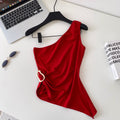 Spicy girl style asymmetrical one-shoulder minimalist camisole - women's summer slimming metallic detail outerwear top