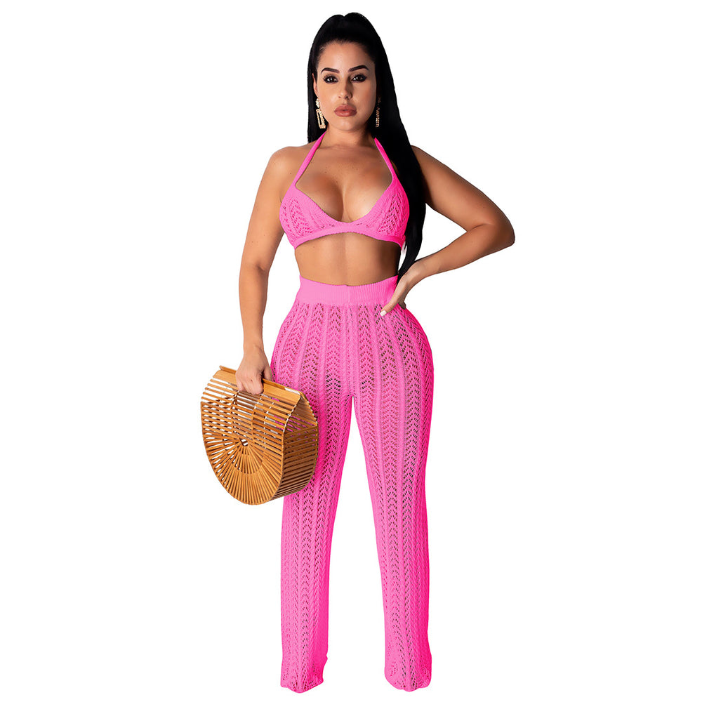 summer new european and american sexy women's fashion knitted mesh hollow-out see-through two-piece set - hot cross-border seller