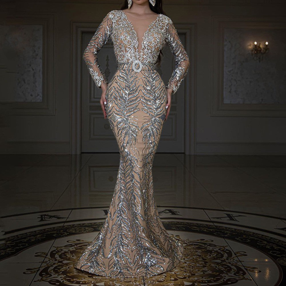 2025 new european and american style cross-border dress - gold foil long sleeve slim fit sexy mermaid train evening gown