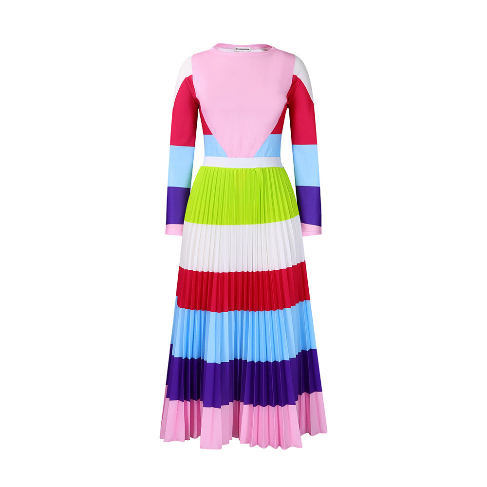 D420   autumn pleated print color block set - long sleeve top & fashionable midi skirt - european & american style two-piece outfit