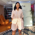 European and american cross-border women's fashion:  summer new arrivals - stylish casual loose tie-waist striped shirt and wide-leg shorts set