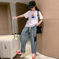 Girls' spring denim wide-leg pants, spring/autumn style, big girls' straight-leg trousers,  new collection, loose fit for mid-to-large children