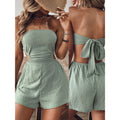 Shipped: women's strapless backless tie-up knot ruched slit mini jumpsuit - summer beachwear