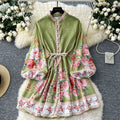 High-end elegancedress women's autumn clothing fashionretro palace stand collar lantern sleeve printing waist slimming look a-line skirt