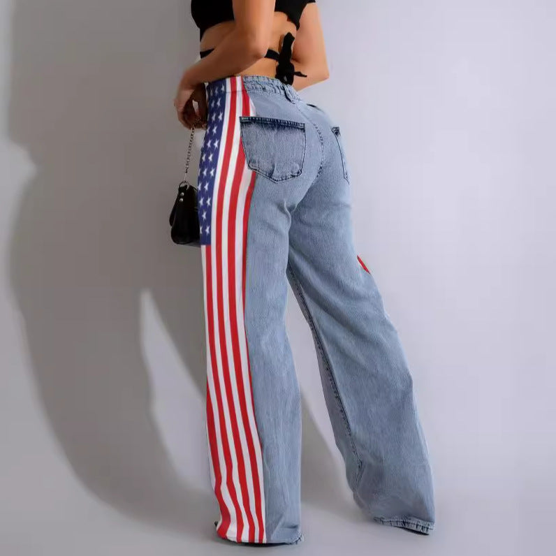 fashion american flag print stretch wide leg denim pants women's casual high waist straight leg jeans