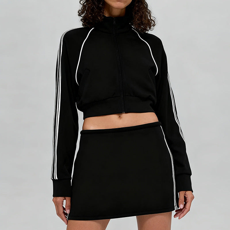 Fall and winternew arrivalmodal air layer sandwiched with white strips breathable stand collar zipper outwear short skirt casual sports suit for women