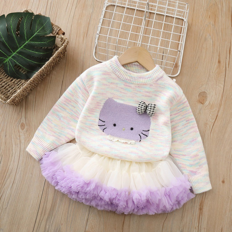 Girls' winter sweater: thickened inner layer with cartoon kitten design, knitted base layer, fleece-lined option, can be paired with a tutu skirt, crew neck