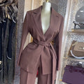 European and american cross-border women's fashion:  spring new collection - solid color tie-waist long sleeve blazer and high-waisted pants set