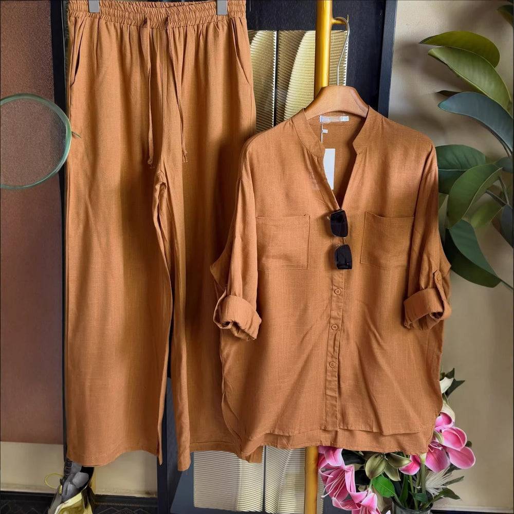 European and american cross-border women's clothing  summer new collection: casual, effortless style, loose-fit long sleeve shirt and wide-leg pants set