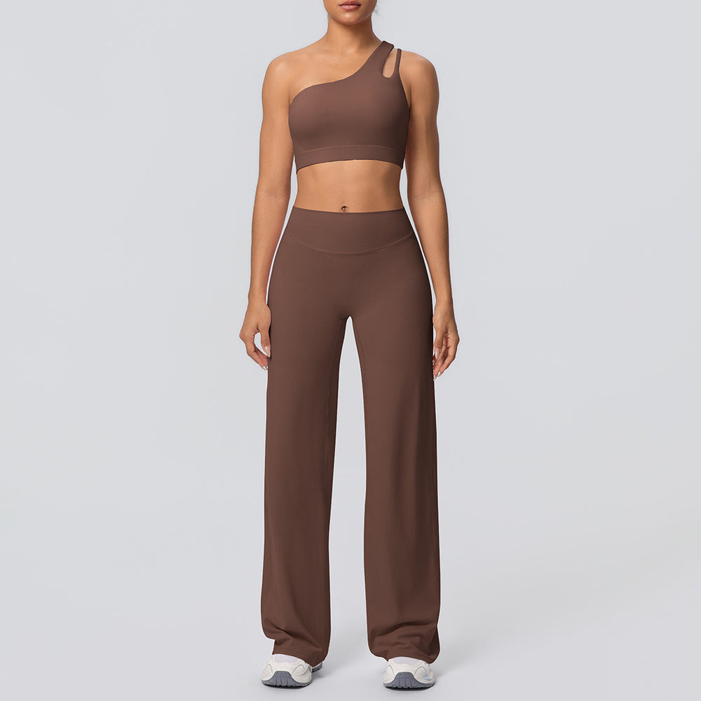 Cloud-feel casual one-shoulder racerback high-waisted butt-lifting straight-leg wide-leg activewear yoga set for women - perfect for outdoor running and fitness