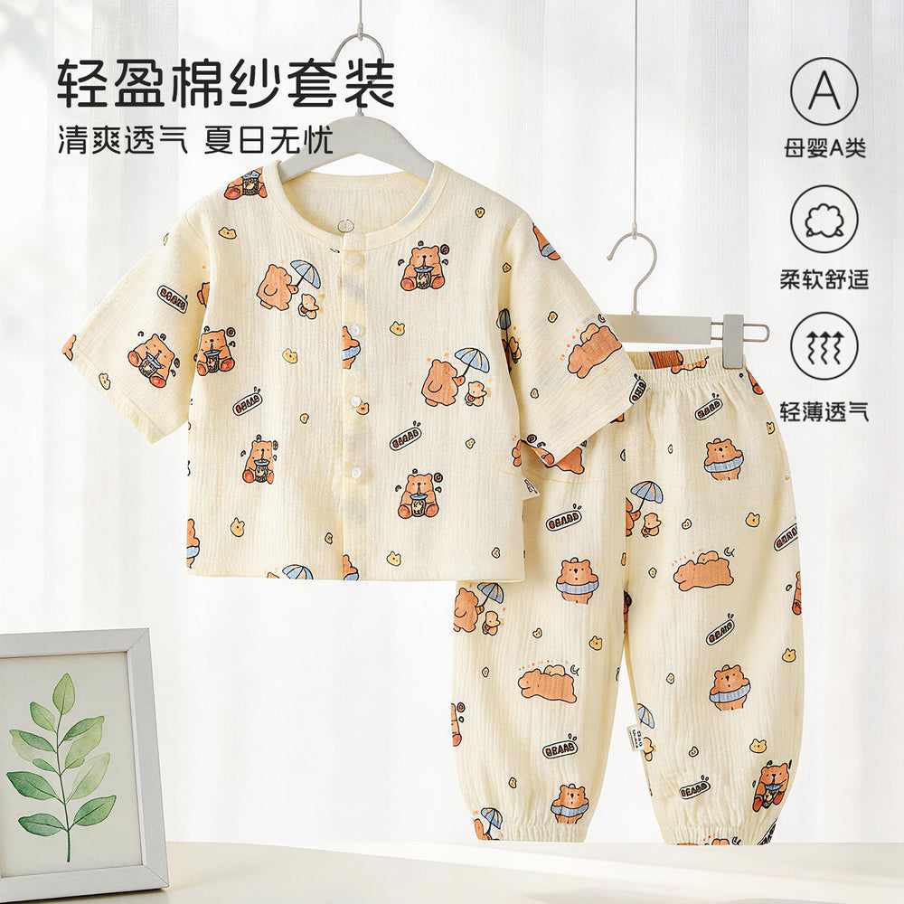 Class a pajamas gauze pure cotton spring summer thin baby air-conditioning home clothes 7-quarter sleeves + pants kidssuit