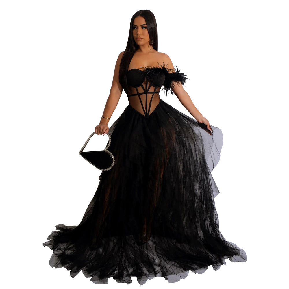 X6223 cross-border   fashion women's solid color sleeveless bandeau mesh maxi dress