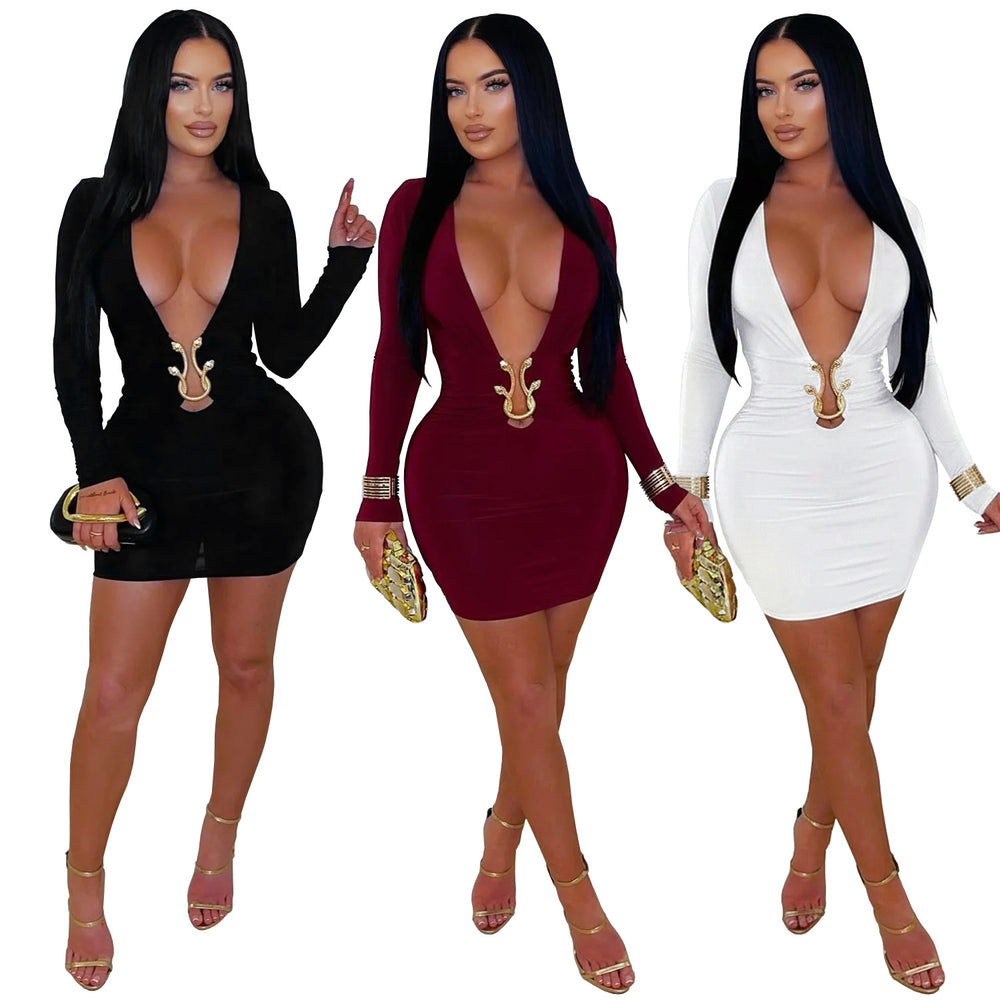 C7609 cross-border   fashion women's sexy deep v bodycon snake print dress with accessories