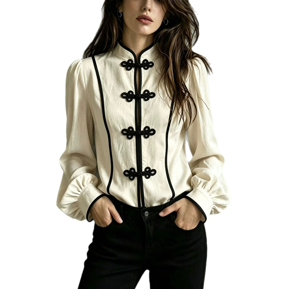 cross-border fashionexportfrenchretro chinese style featured plate button women's round neck slim long sleeves tops