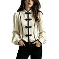 cross-border fashionexportfrenchretro chinese style featured plate button women's round neck slim long sleeves tops