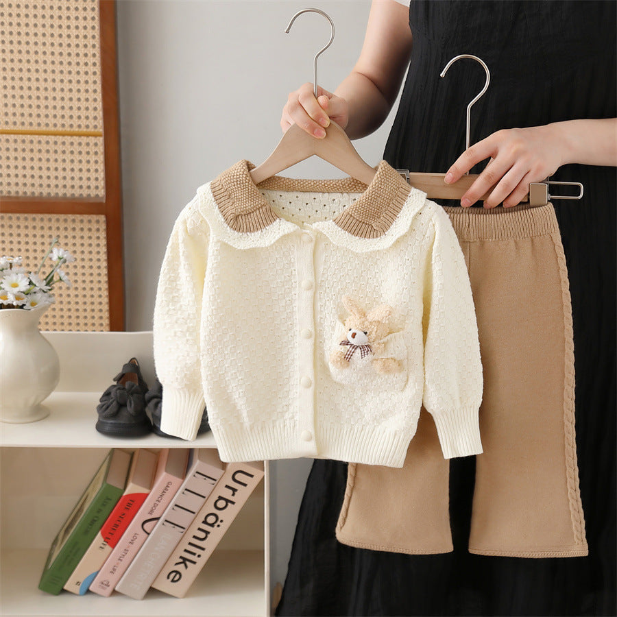 Girls' knit sweater set - new autumn/winter  collection - cartoon bear design, includes pants