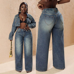European and american retro washed heart back pocket wide leg jeans women's high waist slimming draped floor-length pants distressed