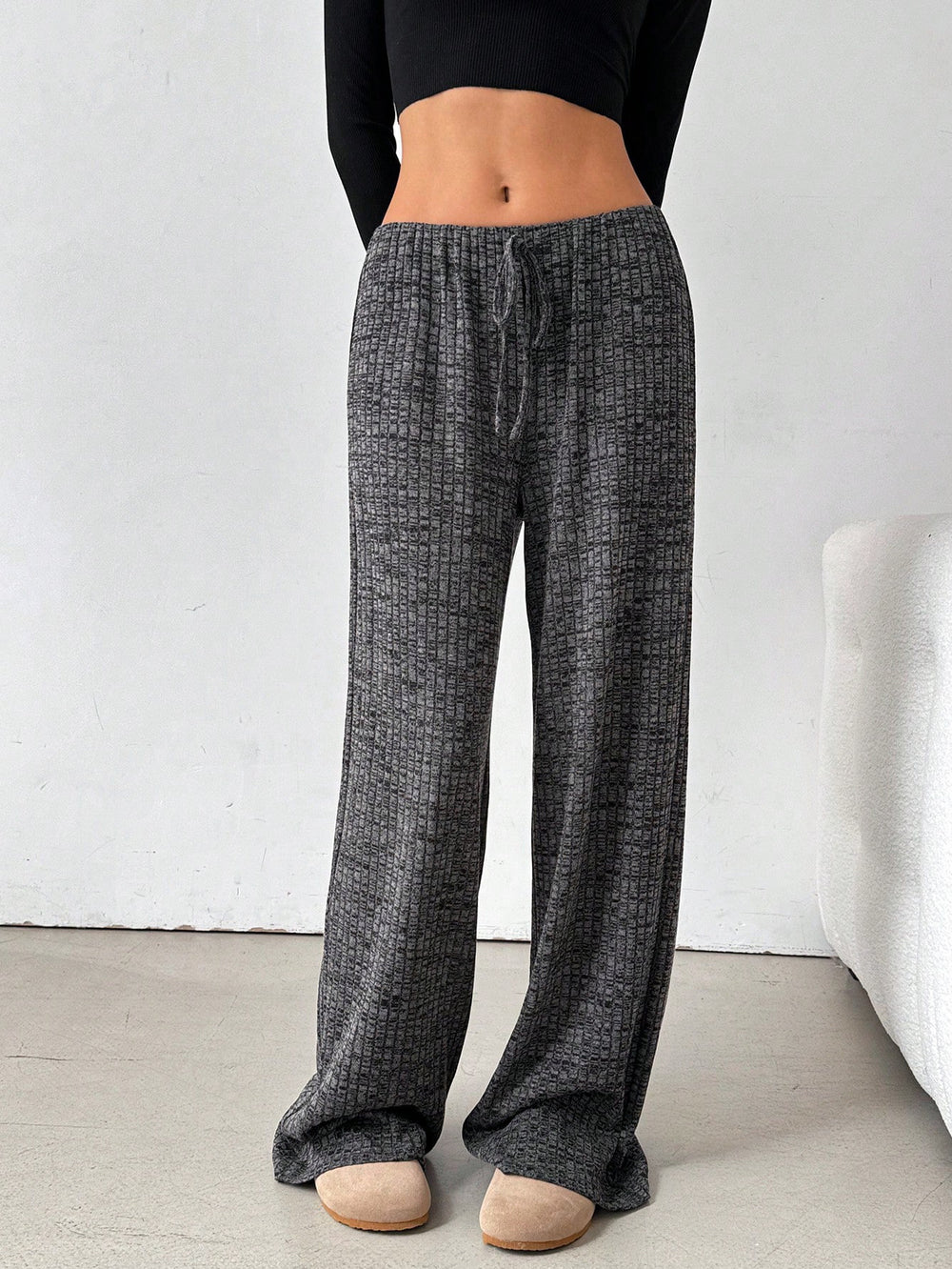 fall/winter  us & european cross-border women's new casual striped solid color elastic drawstring cotton straight-leg pants