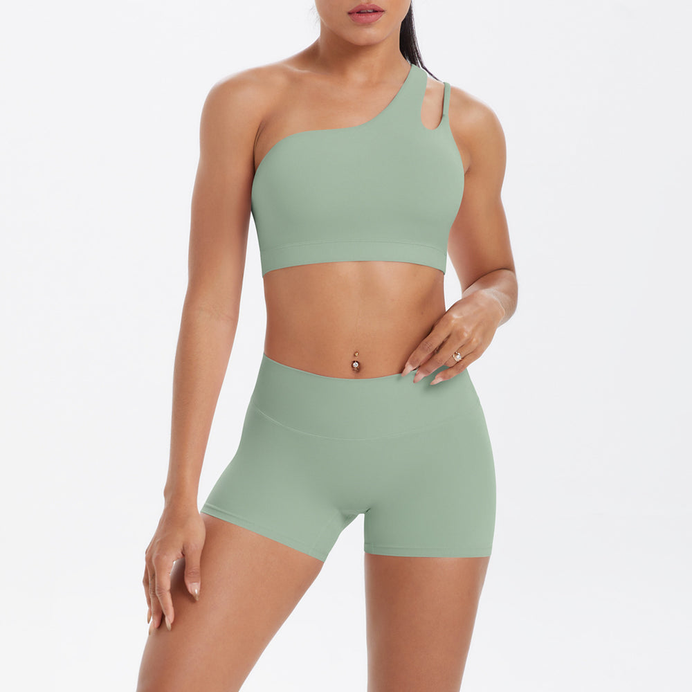 New arrival cross-border fashion double-sided nylon brushed single-shoulder yoga suit sports running fitness two-piece set for women