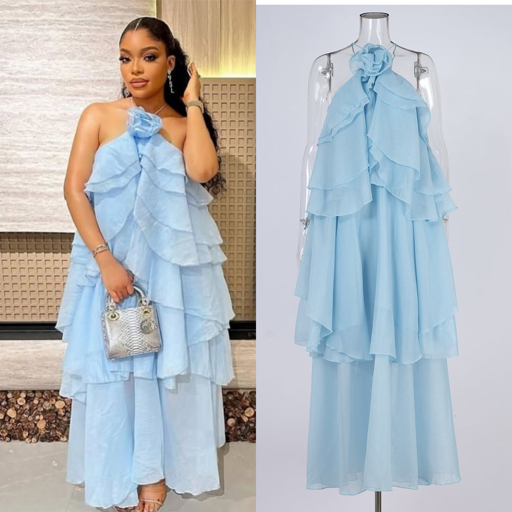 Export cross-border stereo flower decoration large backless halterneck dress holiday style rufflesclassy sense elegance long skirt
