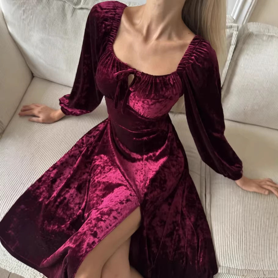 Velvet dress women's spring and autumn clothing  new french retro waist slimmingelegant hepburn style little black dress