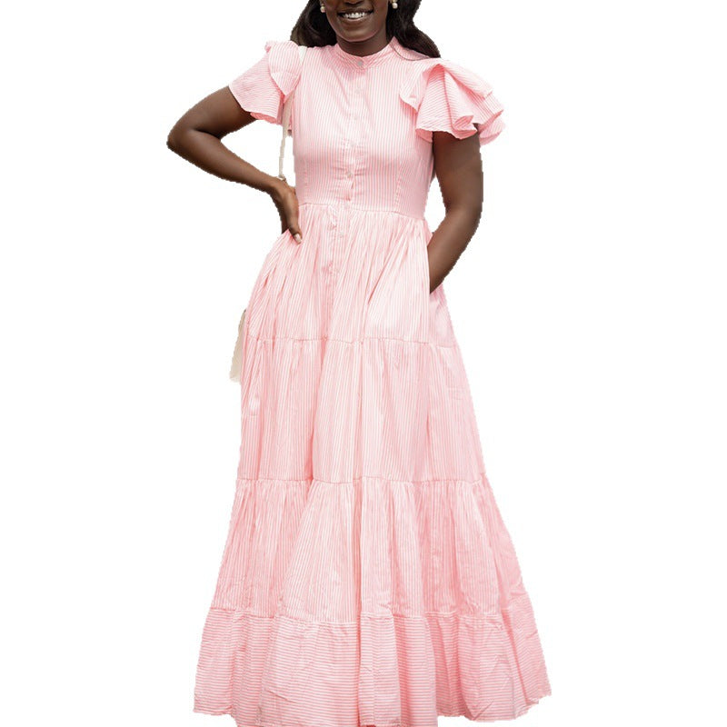 European and american cross-border african women's fashion:  spring new collection - stylish turn-down collar striped short-sleeve shirt dress