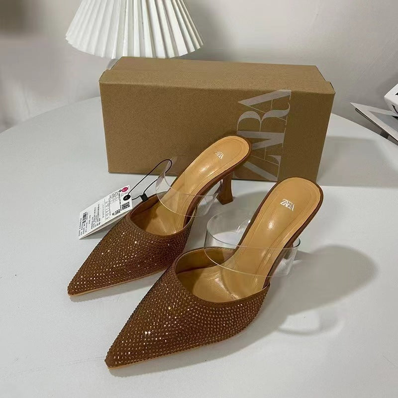 Za summer new arrivals 2024 high heels pointed toe rhinestone embellished closed toe fashionable low-cut pvc slingback stiletto sandals for women