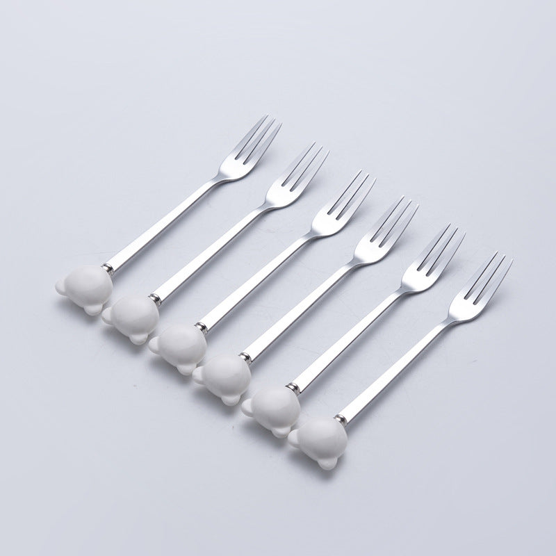 Ceramic bear stainless steel fruit fork set - stylish fruit picks, home use, light luxury forks and spoons, wholesale fruit forks