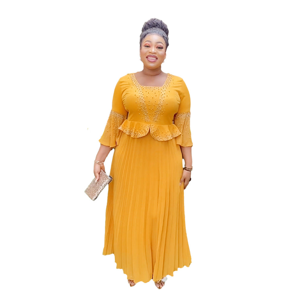 african plus size  beaded pure colordressfashionexport women's clothing fake two-piece set pleated skirt
