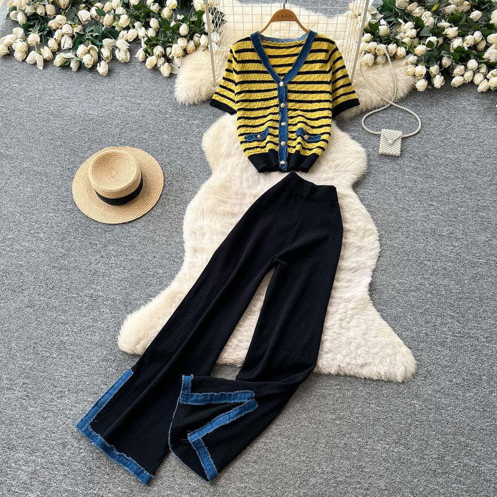 Light mature style stripesknittingcardiganloose pantstwo-piece setfemalesummer silmslimming lookfashionelegantsuit