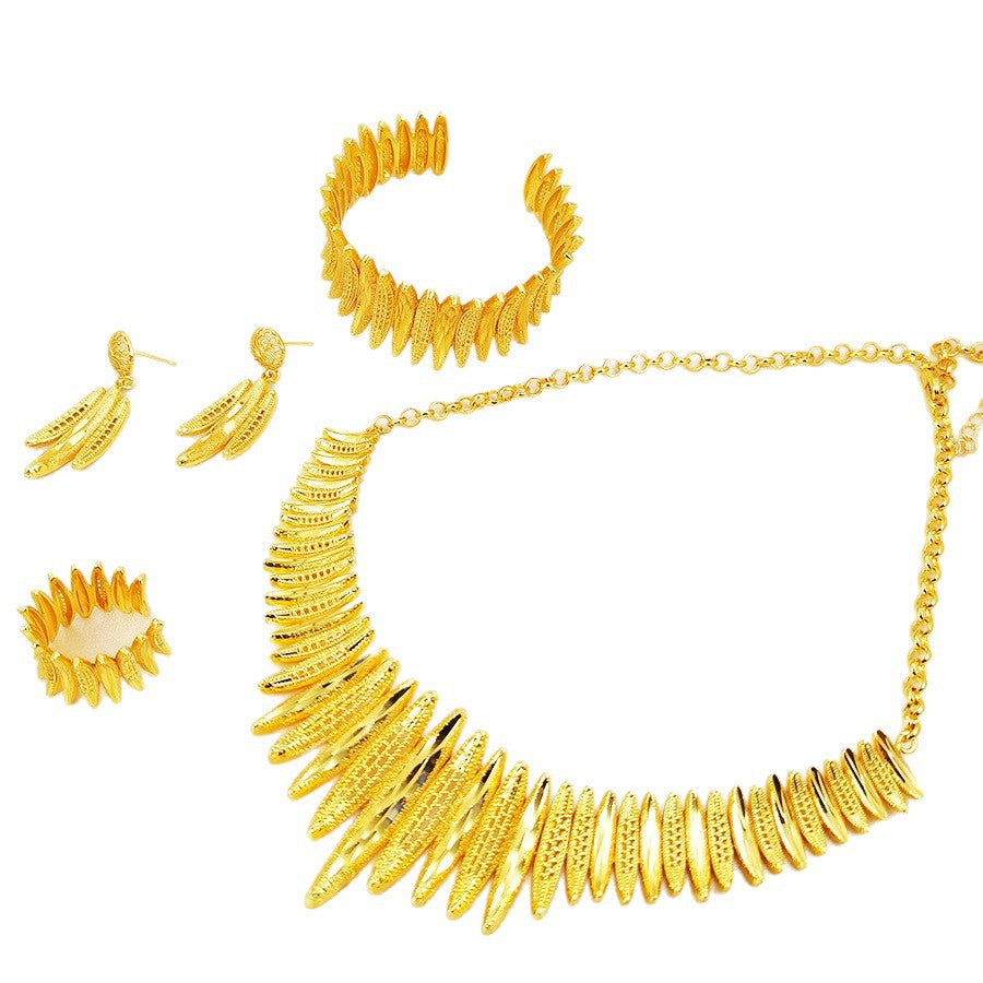 18k gold plated statement leaf jewelry set - dubai style openwork necklace, earrings, bracelet, and ring four-piece set - cross-border e-commerce