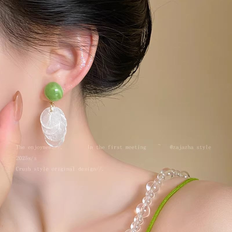 Avocado green shell earrings - women's dopamine drop earrings, 2026 new collection, high-end resort style beach earrings