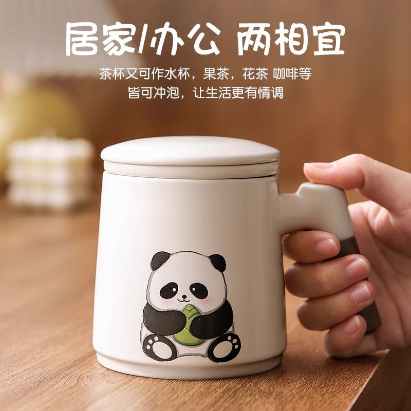 Panda tea infuser mug - ceramic tea cup with wooden handle and lid, keeps your hands cool, perfect for office use
