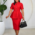 C8660 women's foreign trade clothing  new short-sleeve elegant ruffle hem bodycon slit solid color cross-border fashion set